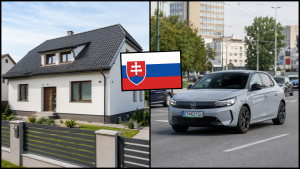 Rodinný dom a elektromobil Opel Corsa so slovenskou vlajkou