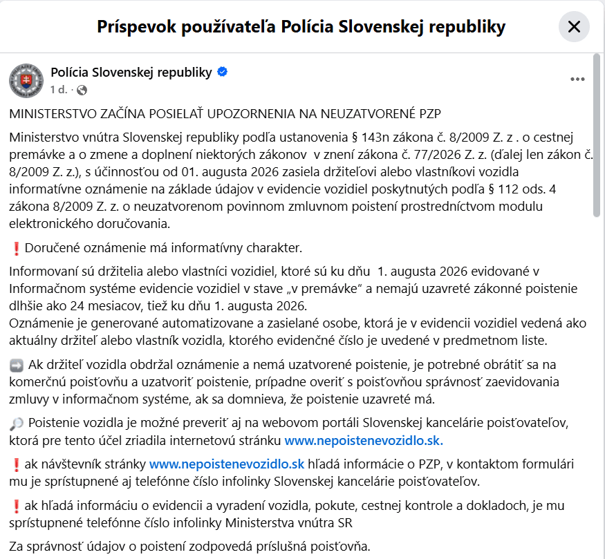 facebookový post Polícia SR