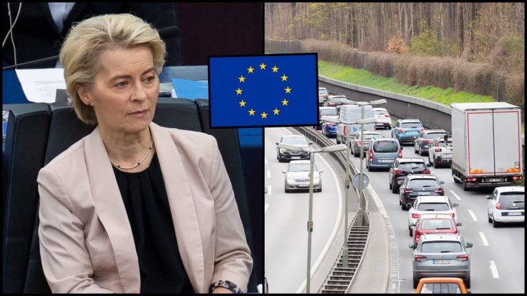 Ursula von der Leyenová a diaľnica s autami