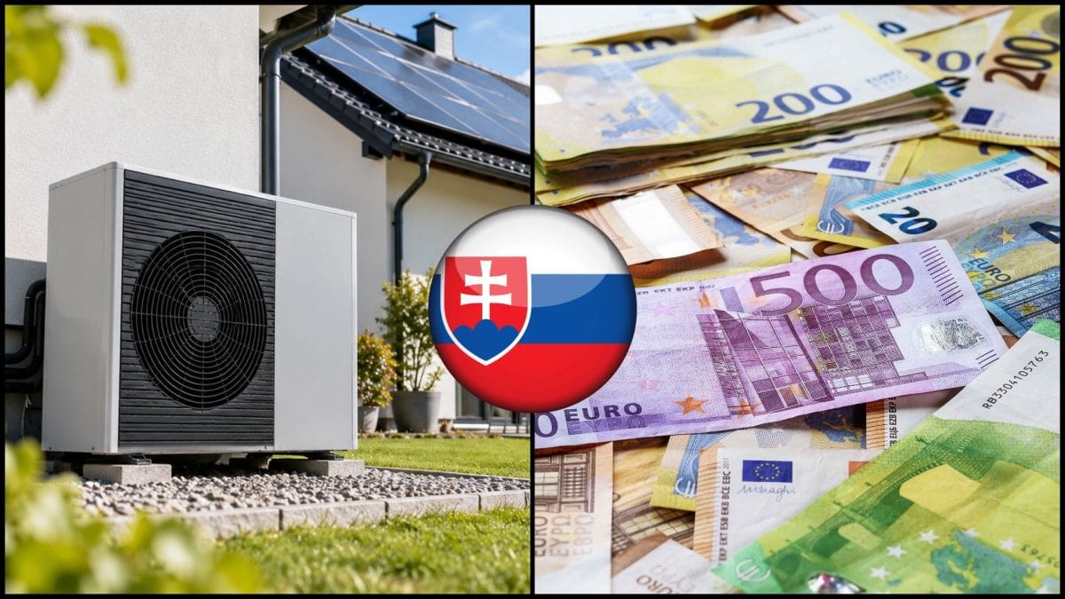 Tepelné čerpadlo a fotovoltika so slovenskou vlajkou a peniaze v eurách