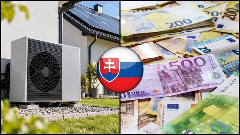 Tepelné čerpadlo a fotovoltika so slovenskou vlajkou a peniaze v eurách