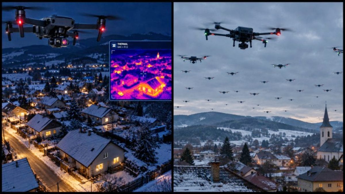 Vizualizácia dronov nad dedinou na Slovensku
