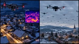 Vizualizácia dronov nad dedinou na Slovensku
